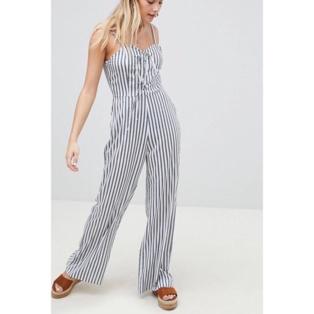 Striped lace up front jumpsuit